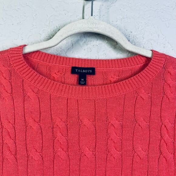 TALBOTS Sweater M‎ Cable Knit Lambswool Blend Coral Crew Neck Classic Timeless - Picture 3 of 11